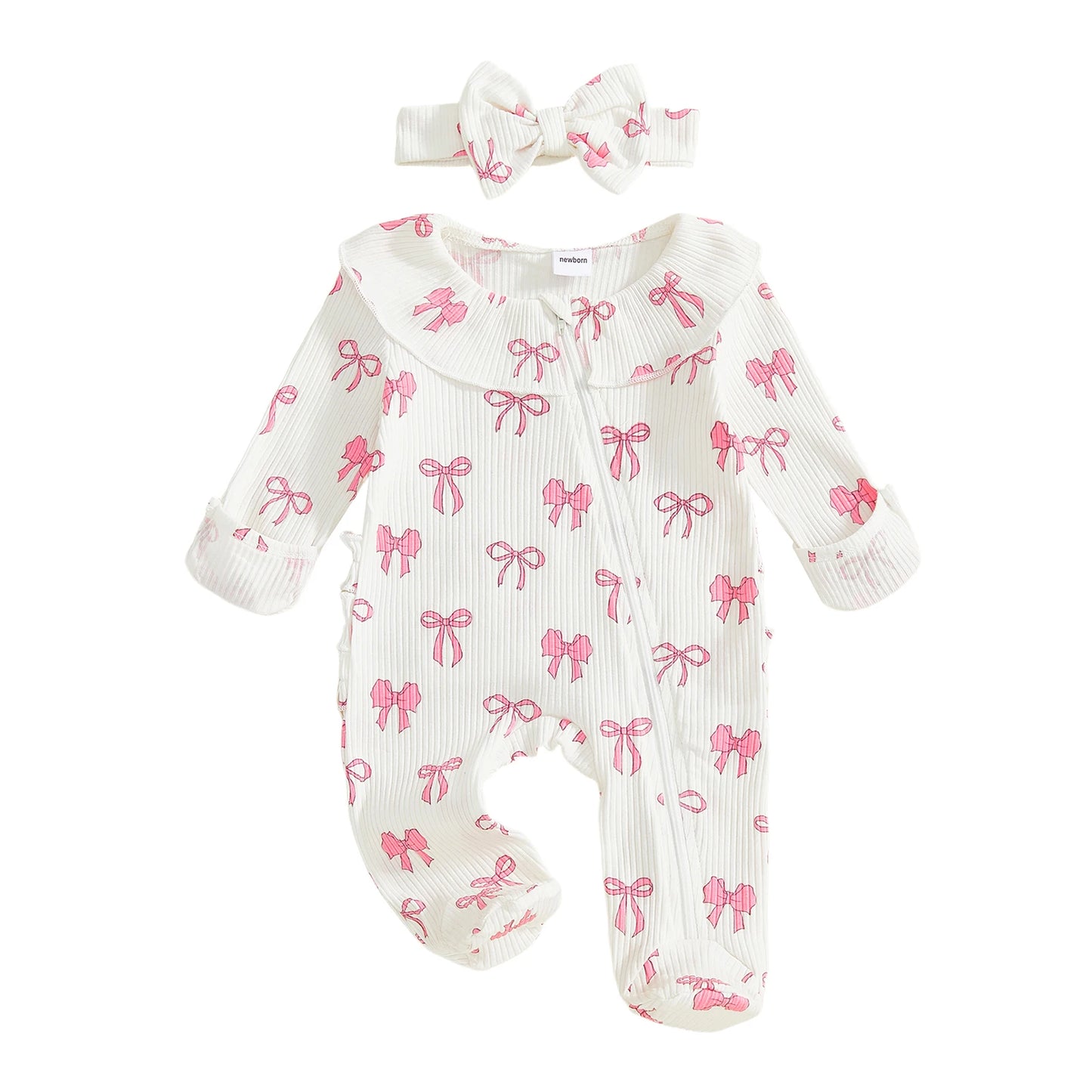 Baby Girls 2Pcs Outfits Cute Long Sleeve Round Neck Bow Print Full Length Footed Jumpsuit with Bow Headband Set
