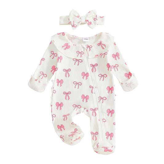Baby Girls 2Pcs Outfits Cute Long Sleeve Round Neck Bow Print Full Length Footed Jumpsuit with Bow Headband Set