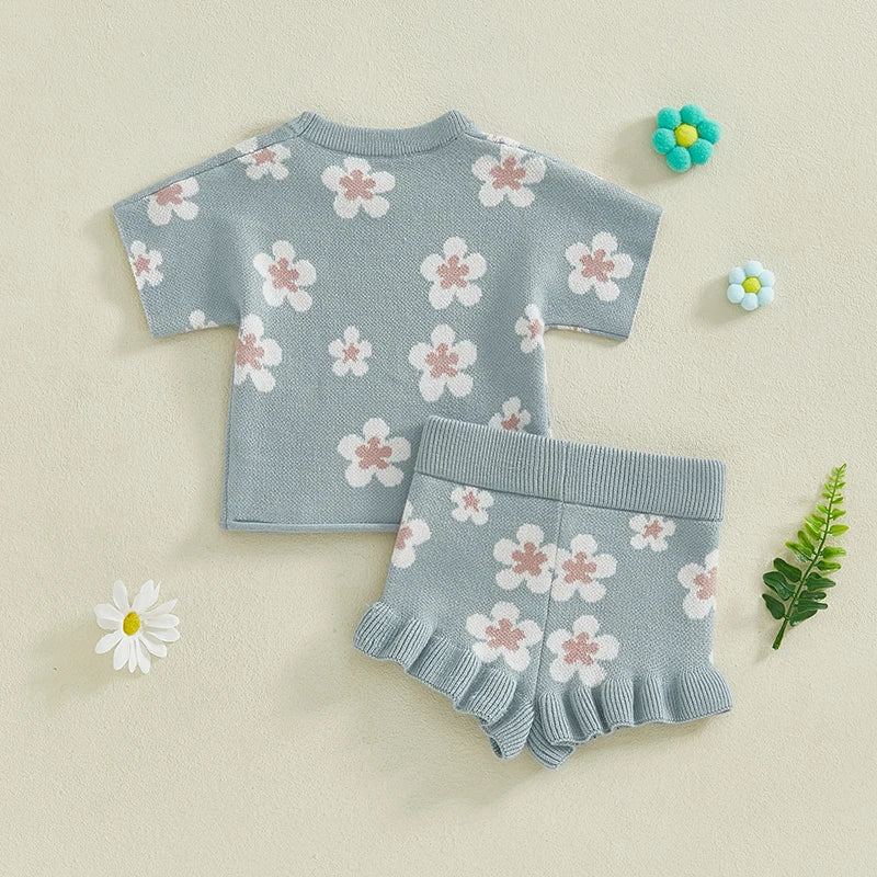 Baby Toddler Girls 2Pcs Clothes Set Short Sleeve Floral Flowers Print Knit Top +Shorts Bloomers Spring Outfit