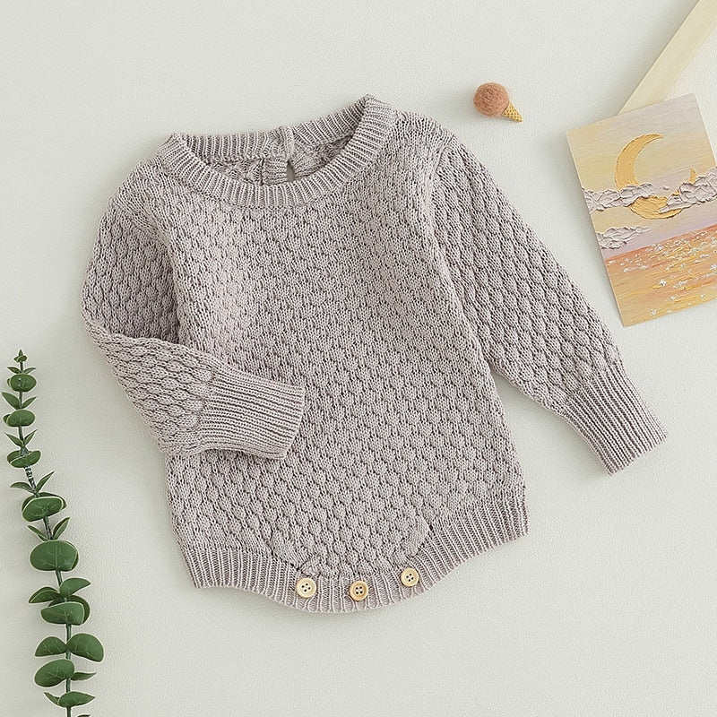 Baby Boy Girl Fall Long Sleeve Jumpsuit Solid Color Knitted Sweater Bodysuit Romper