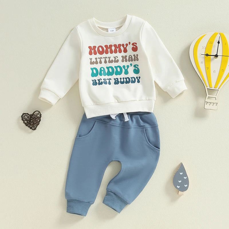 Baby Toddler Boys 2Pcs Mommy' little Man Daddy's Best Buddy Set Long Sleeve Crew Neck Letters Print Top with Elastic Waist Pants Clothes Outfit