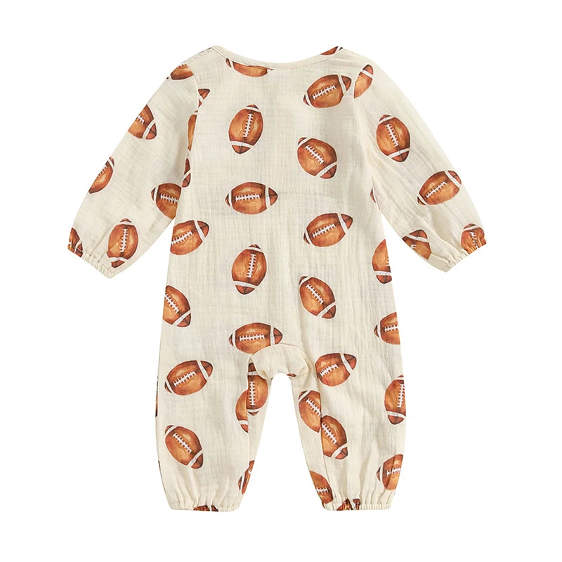 Baby Boy Girl Bodysuit Football Print Long Sleeve Button Pocket Round Neck Fall Romper