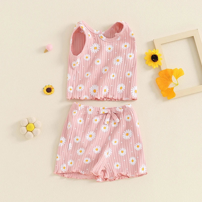 Baby Toddler Kids Girls 2Pcs Summer Clothes Set Sleeveless U Neck Flower Daisy Print Tank Top Shorts Set