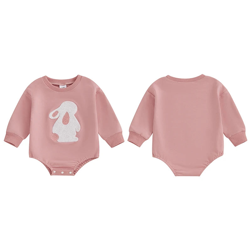 Baby Girls Easter Bubble Romper Spring Long Sleeve Bunny Rabbit Embroidery Loose Bodysuit Playsuit