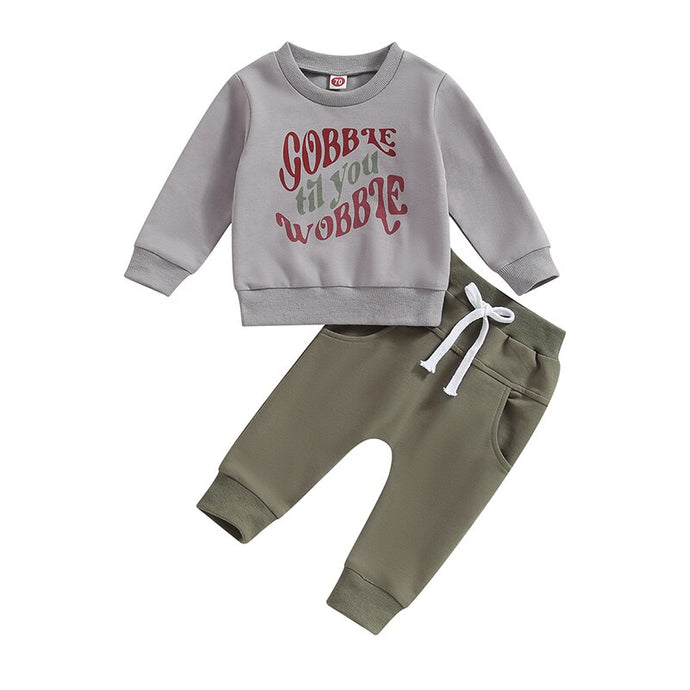 Toddler Baby Boys Girl 2Pcs Set Long Sleeve Crew Neck Gobble til you wobble Print Gobble Thanksgiving Top Pants
