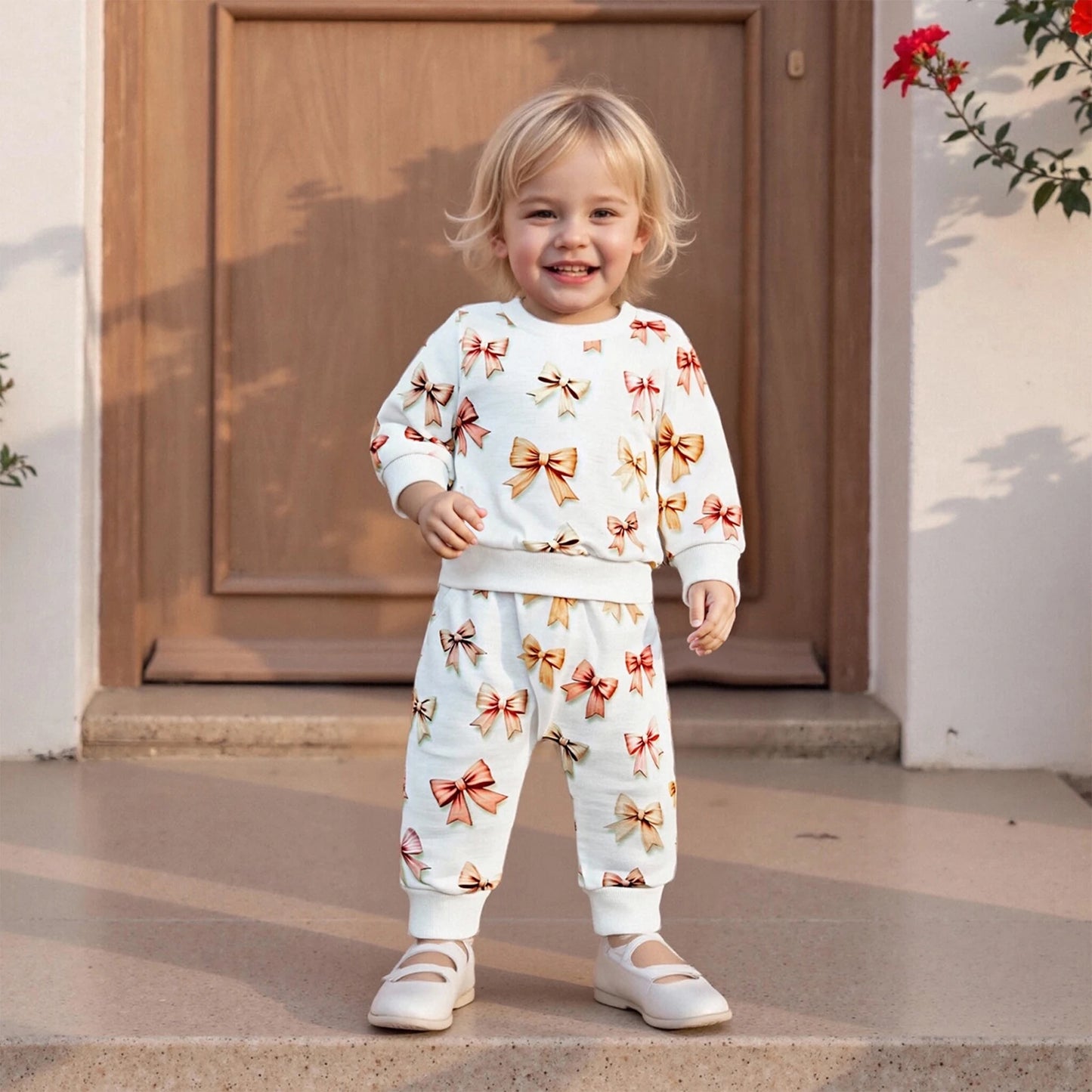 Baby Toddler Girls 2Pcs Spring Outfits Bow Print Long Sleeve Round Neck Pullover Top Elastic Waist Long Pants Jogger Set