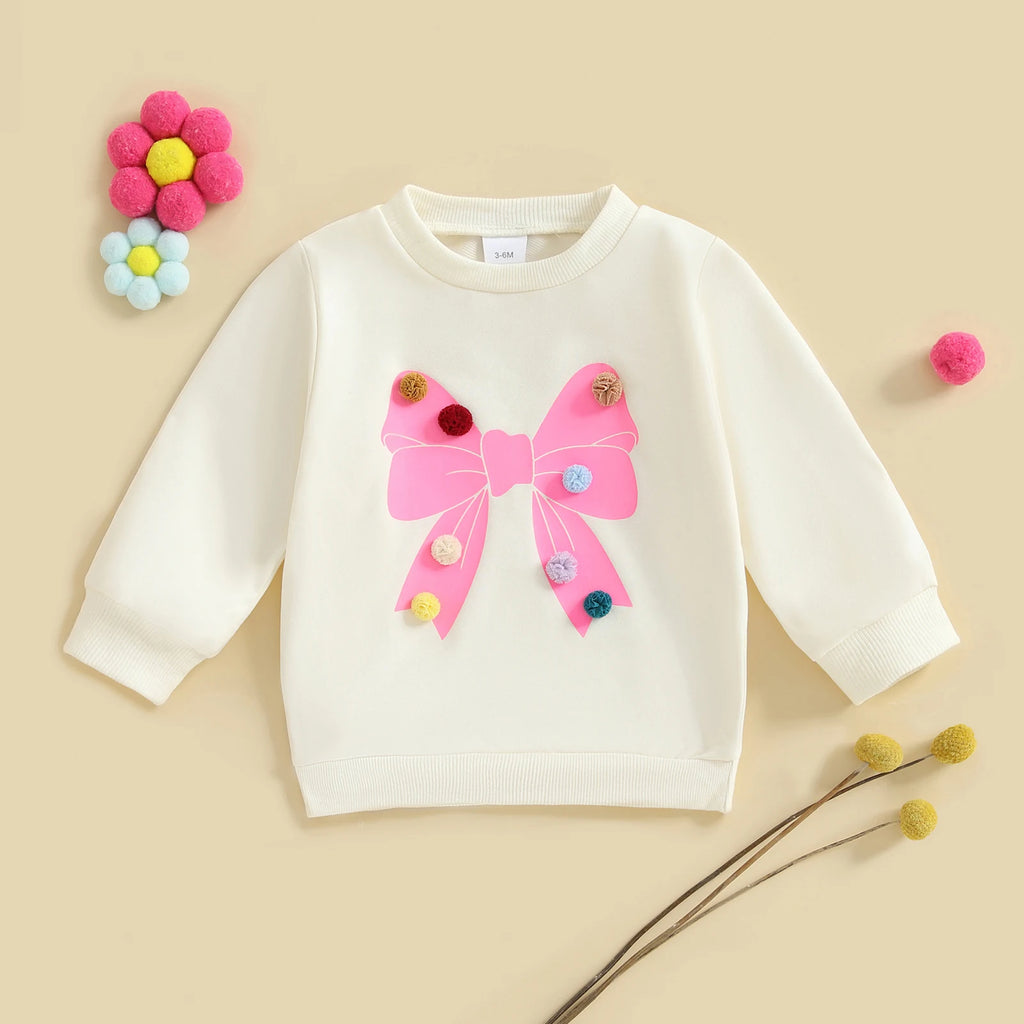 Baby Toddler Girls Long Sleeve Top Pom Pom Ball Bow Print Crewneck Pullover Winter Fall Clothes