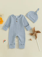 Baby Boys 2Pcs Fall Clothes Romper Stripe Print Long Sleeve Round Neck Full Length Jumpsuit with Hat Set