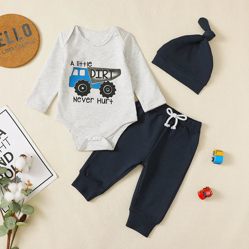 Baby Boys 3Pcs Fall Outfit A Little Dirt Never Hurt Tractor Print Long Sleeve Romper and Elastic Pants Beanie Hat Set