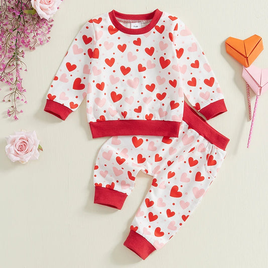 Baby Toddler Girls 2Pcs Valentines Outfit Heart Print Long Sleeve Crewneck Top with Long Jogger Pants Valentine's Day Set