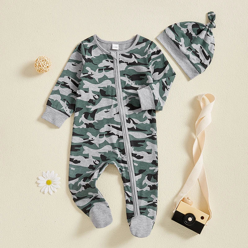 Baby Boys 2Pcs Footies Romper Camouflage Round Neck Long Sleeve Zipper Romper Infant Clothes Jumpsuit with Beanie Hat Set Outfit