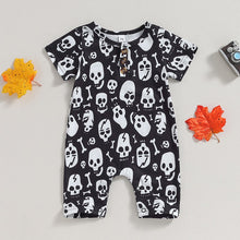Load image into Gallery viewer, Baby Boys Girls Jumpsuit Halloween Skull Print Short Sleeve Round Neck Footless Romper
