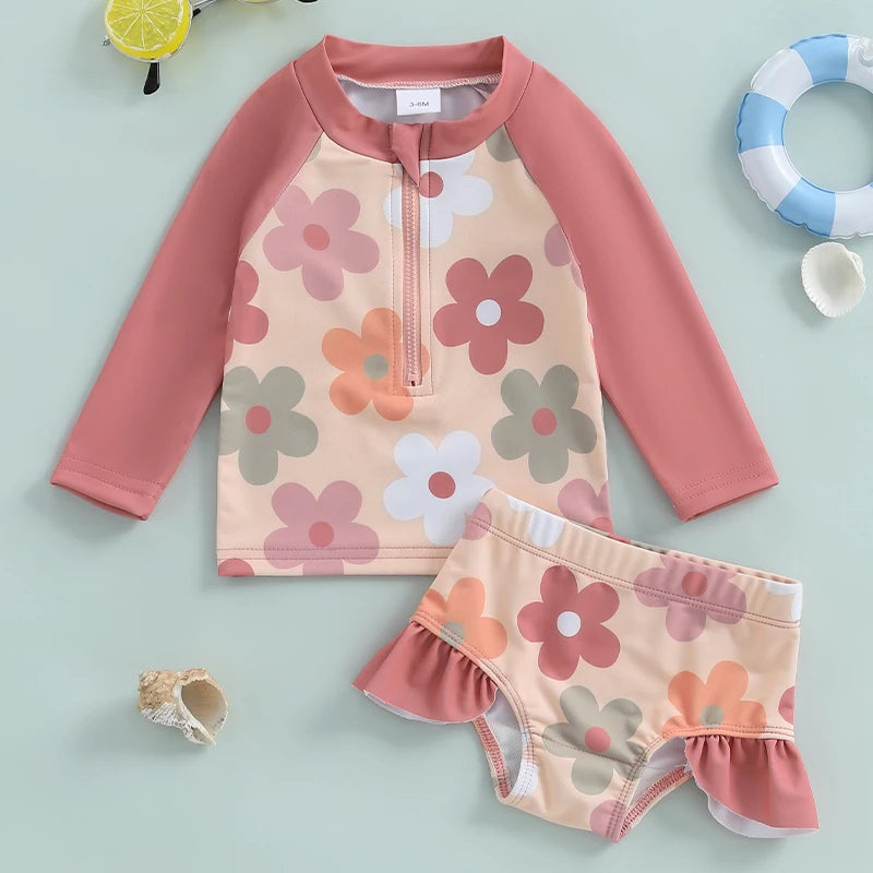 Baby Toddler Girls 2Pcs Summer Swimsuit Set Flower Bow Print Zip-up Rash Guard Long Sleeve Swim Top and Shorts Bathing Suit