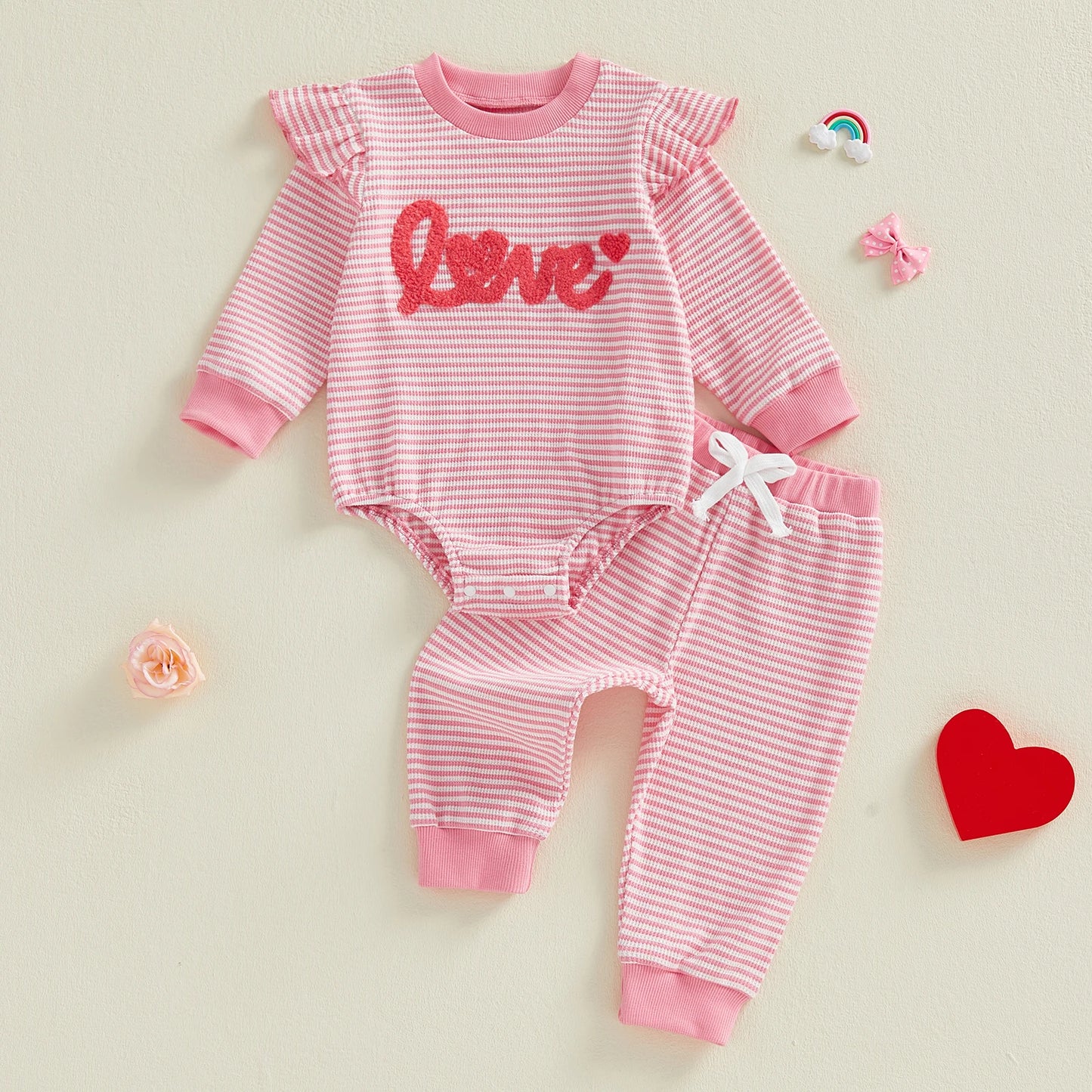 Baby Girls 2Pcs Valentine's Day Clothes Sets Letters Embroidery Love Stripe Long Sleeve Romper with Pants 2Pcs Set