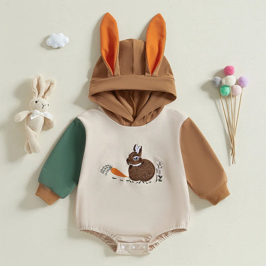 Baby Easter Romper Spring Long Sleeve Bunny Rabbit Embroidery Hooded Hood with Ears Bodysuit Playsuit