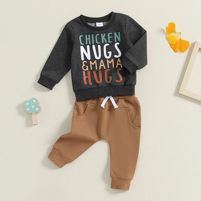 Baby Toddler Boys Girls 2Pcs Merry & Bright Christmas Outfit Letter Tree Print Crew Neck Long Sleeve Top Pants Set