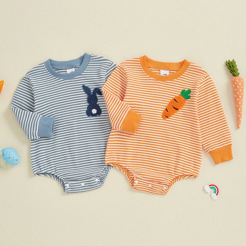 Baby Girls Boys Easter Romper Stripe Bunny Rabbit / Carrot Embroidery Long Sleeve Jumpsuit Bodysuit