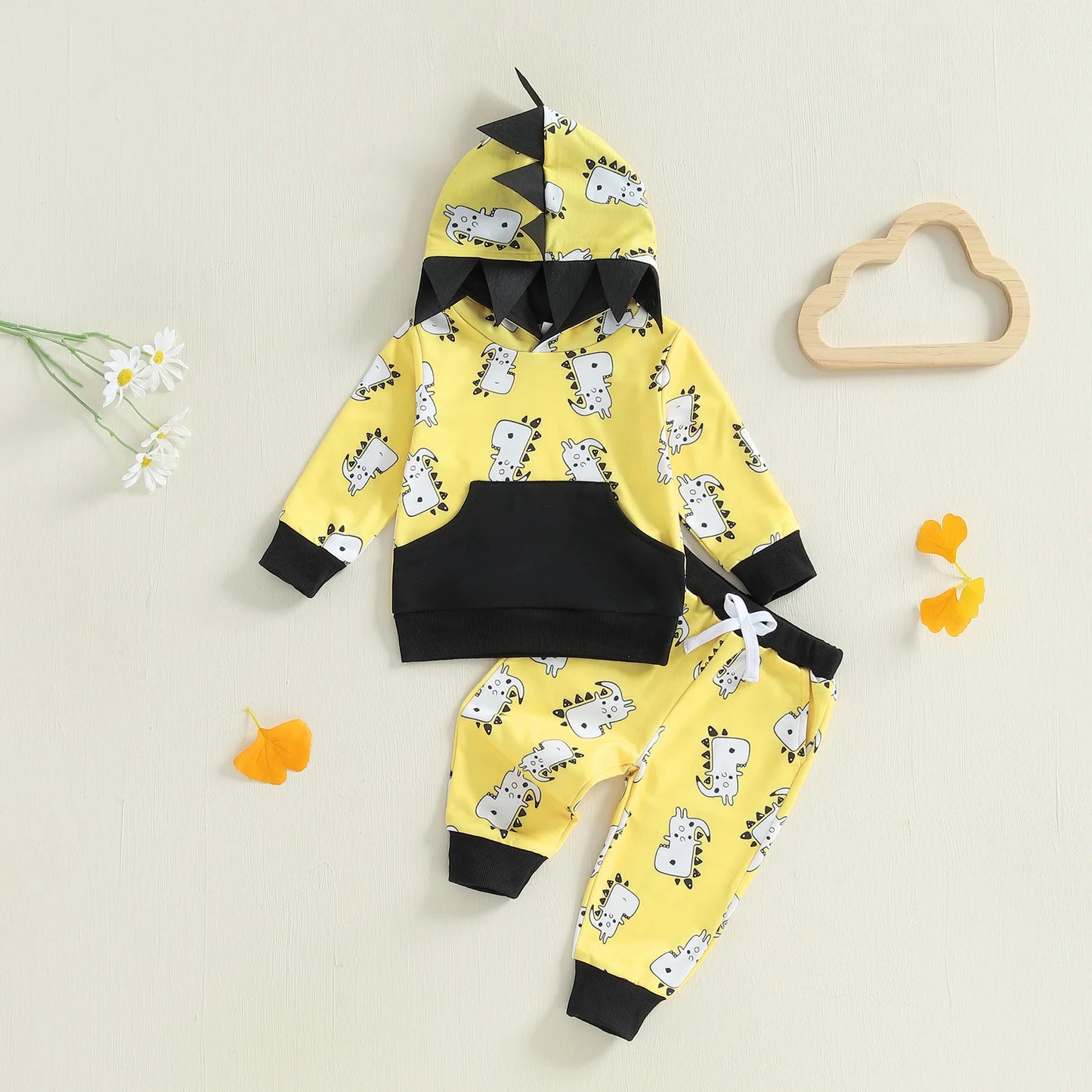 Baby Toddler Boy 2Pcs Fall Outfits Long Sleeve Animal Dinosaur Lemur Hoodies + Elastic Waist Stripe Pants 2Pcs Jogger Set