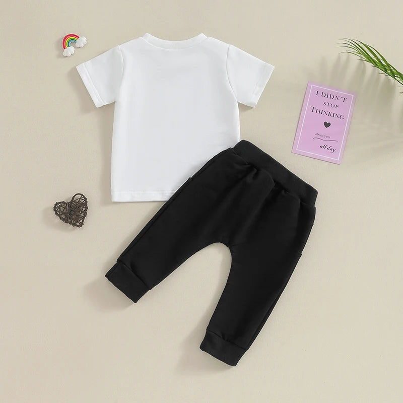 Toddler Baby Boy Girl 2Pcs Valentine's Day Outfit Pullover Short Sleeve Letters LOVE YOU Top Long Pants Set