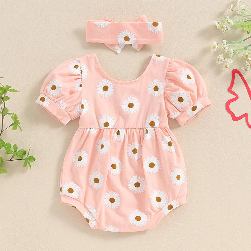 Baby Girls 2Pcs Summer Romper Flower Print Short Puff Sleeve O Neck Floral Bodysuit with Headband