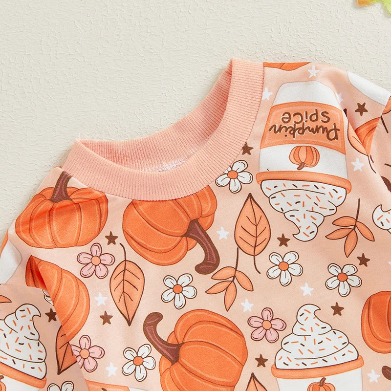 Baby Girl Halloween Fall Thanksgiving Romper Pumpkin Latte Flowers Floral Print Round Neck Long Sleeve Bubble Jumpsuit