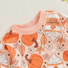 Load image into Gallery viewer, Baby Girl Halloween Fall Thanksgiving Romper Pumpkin Latte Flowers Floral Print Round Neck Long Sleeve Bubble Jumpsuit
