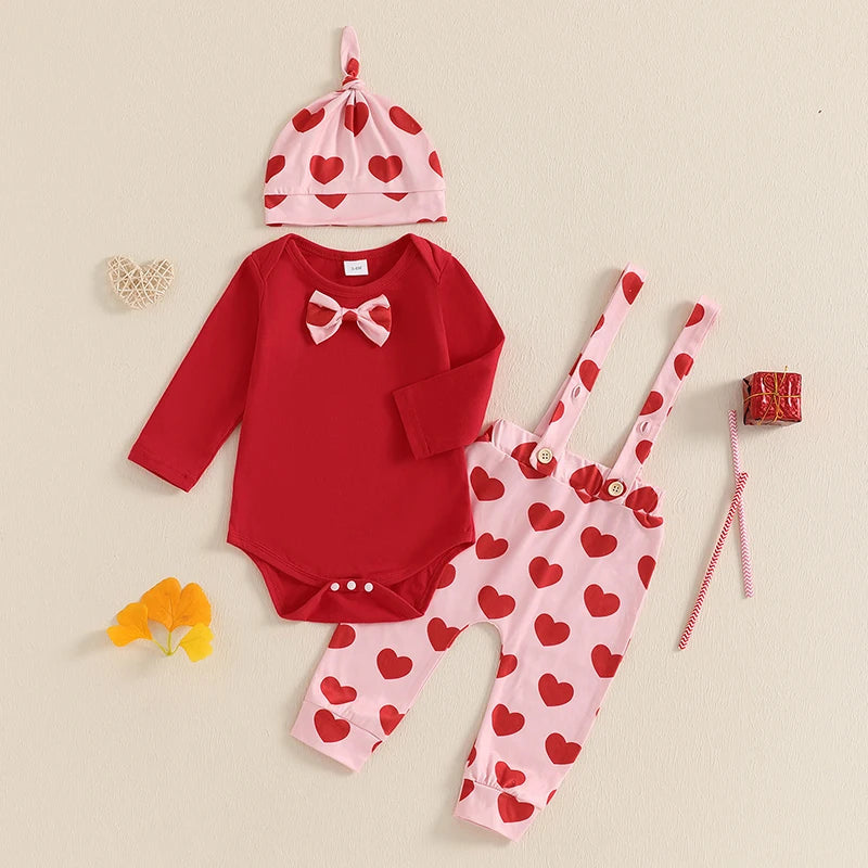 Baby Boys Girls 3Pcs Valentine’s Day Outfit Long Sleeve Romper with Bowtie Suspender Pants Hat Set Valentines