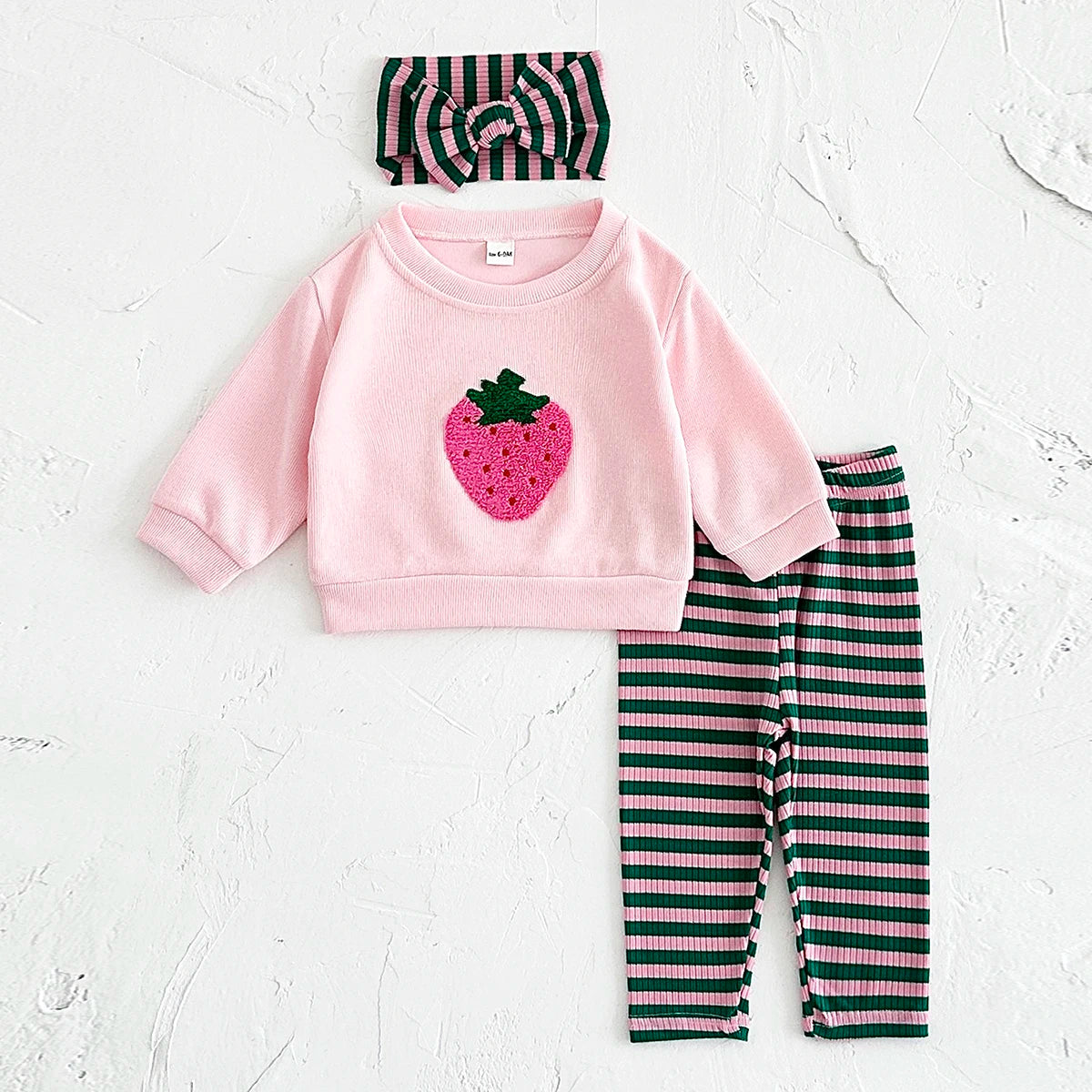 Baby Toddler Girls 3Pcs Set Strawberry Pullover Top Cotton Striped Pants Headband Outfit