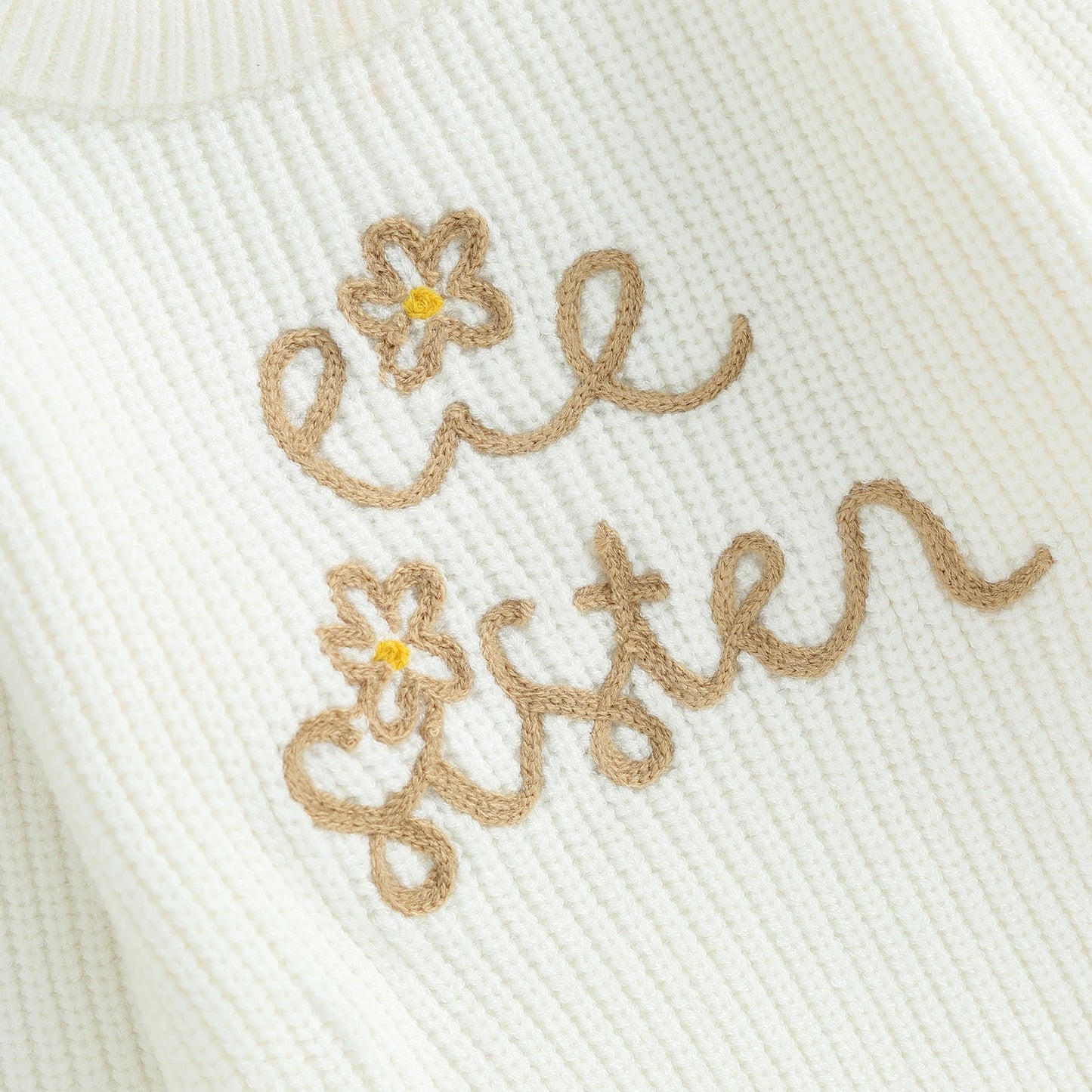 Baby Toddler Kids Girls Sweaters Lil Sister Letter Flower Embroidery Knitted Loose Long Sleeve Top