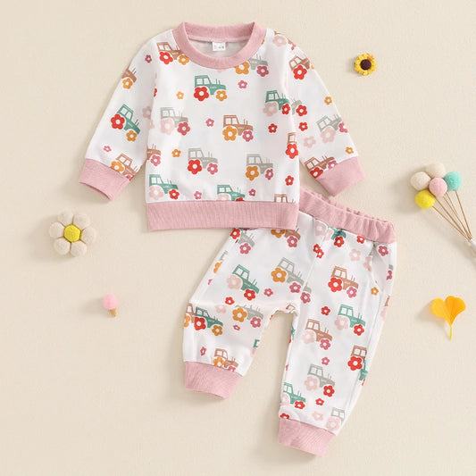 Baby Toddler Girls 2Pcs Fall Set Long Sleeve O Neck Floral Flower Tractor Print Top Pants Outfit