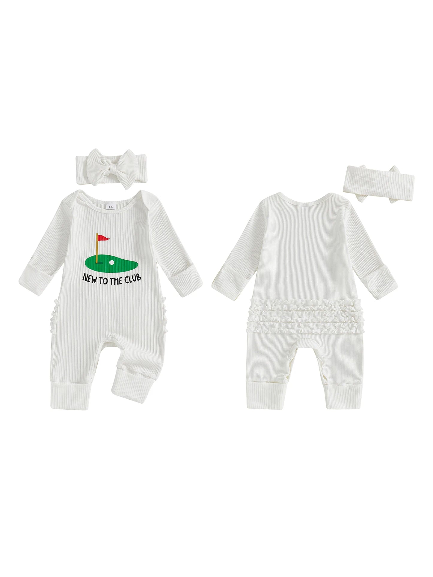 Baby Girl 2Pcs Fall Outfit Golf Goose Bee Print New to the Hive / Club Long Sleeve Ribbed Romper with Bow Headband 2Piece Set