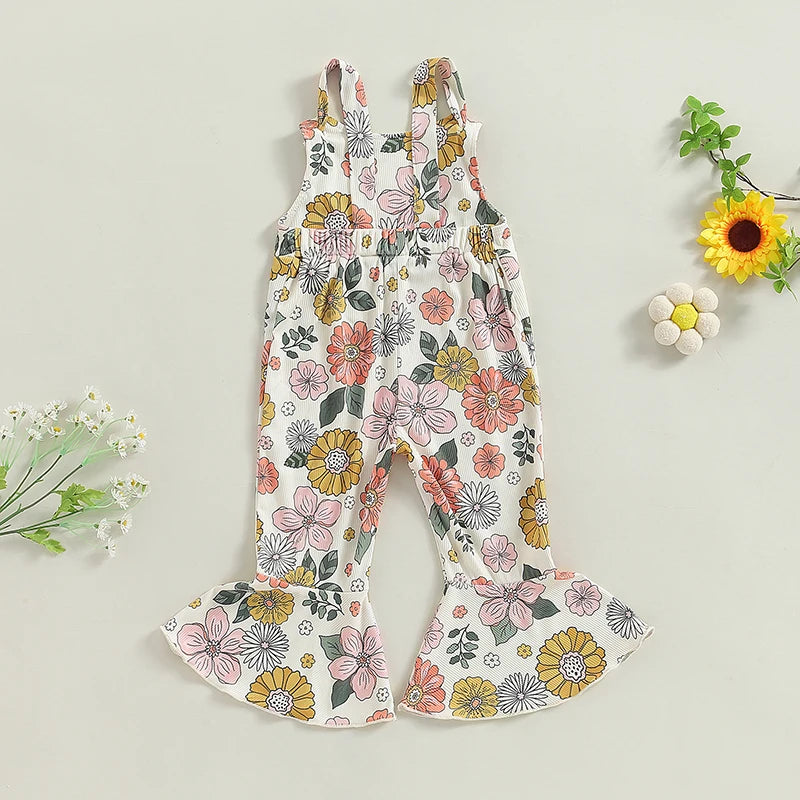 Baby Toddler Girl Summer Romper Casual Knotted Straps Floral Flowers Strawberry Print Sleeveless Flared Pant Jumpsuit