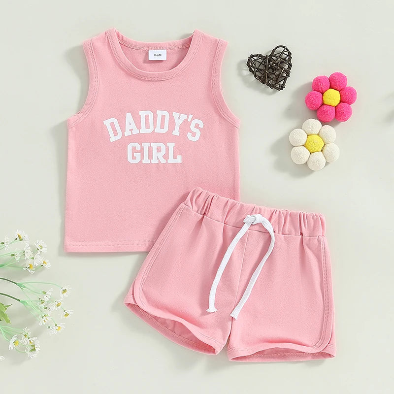 Baby Toddler Girl 2Pcs Daddy's Girl Sleeveless Letter Print Tank Top + Elastic Waist Shorts Outfit Set Father's Day