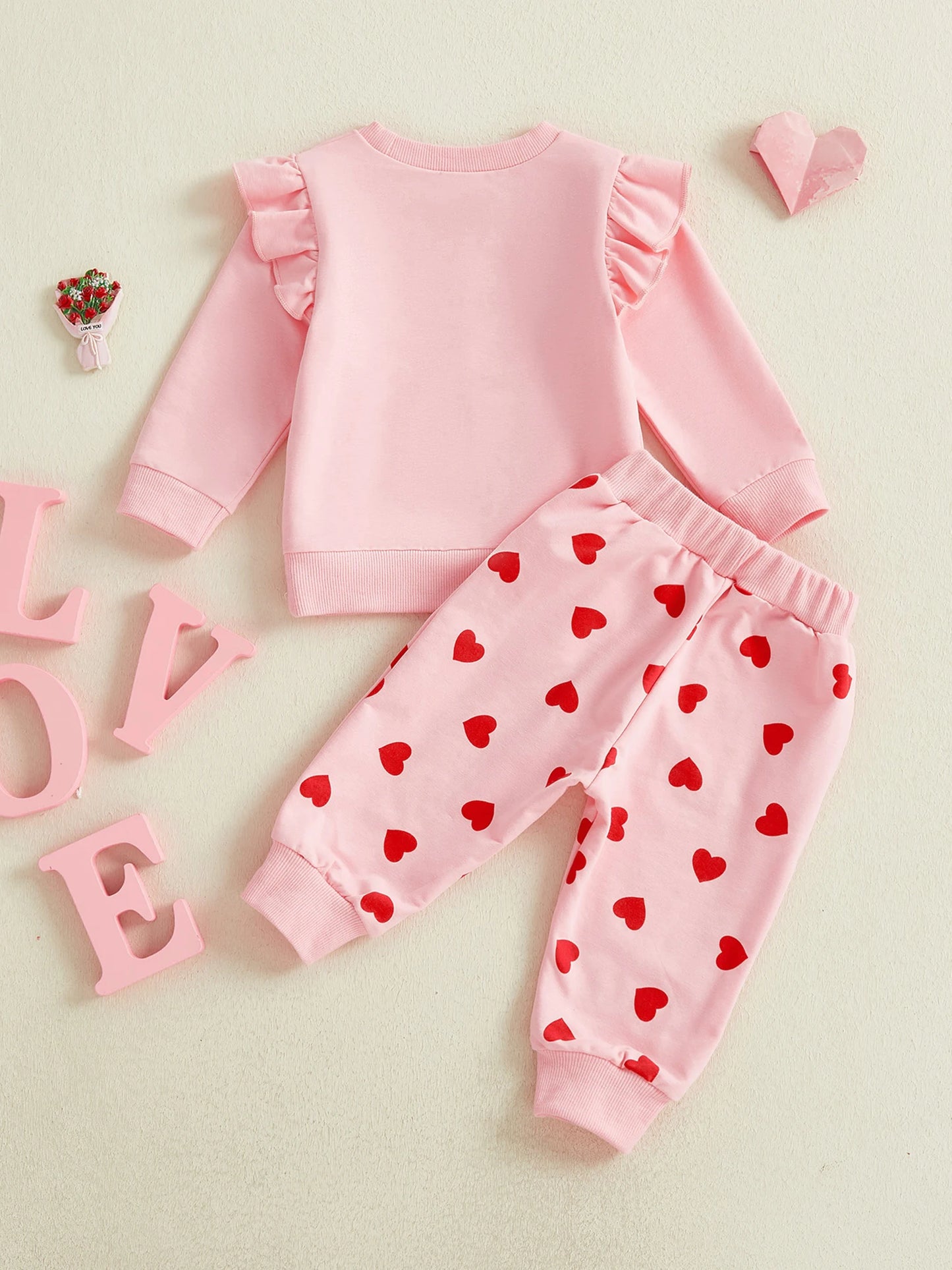Baby Toddler Girls 2Pcs Valentine's Day 2 Piece Outfits Daddy's Valentine Letter Heart Print Long Sleeve Crew Neck Top and Elastic Waist Pants Jogger Set