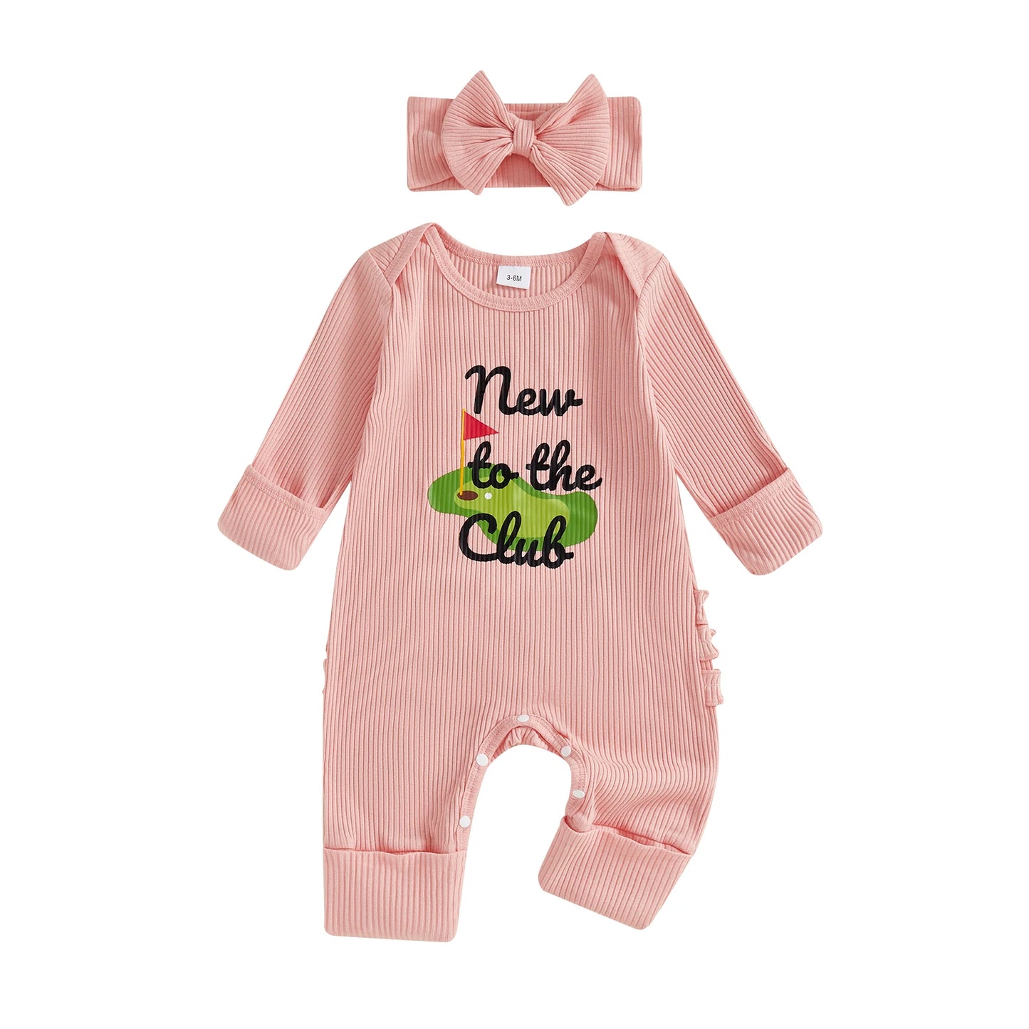 Baby Girl 2Pcs Fall Outfit Golf Goose Bee Print New to the Hive / Club Long Sleeve Ribbed Romper with Bow Headband 2Piece Set