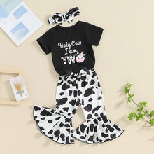 Load image into Gallery viewer, Toddler Girl 3Pcs Second Birthday Outfit Holy Cow I&#39;m Two Short Sleeve Top Cow Print Flared Pants Set 2nd Birthday
