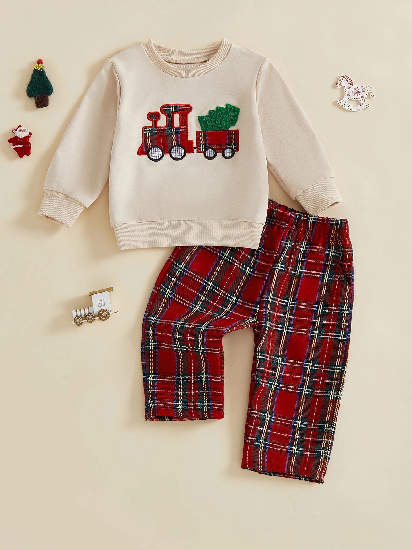 Baby Toddler Boys 2Pcs Christmas Outfits Long Sleeve Train Tree Embroidery Top + Plaid Pants Set Winter Clothes