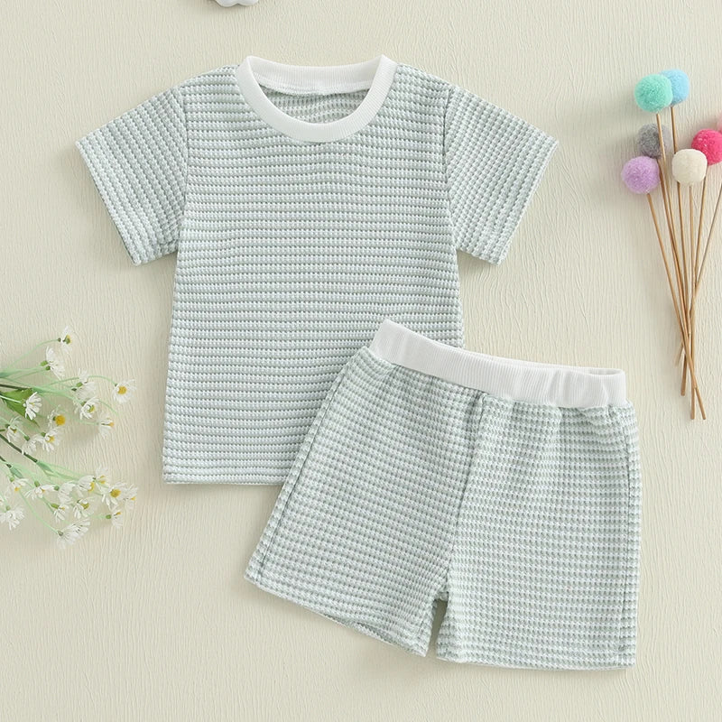 Baby Toddler Girl Boys 2Pcs Summer Outfit Waffle Striped Short Sleeve T-shirt Top Elastic Waist Shorts Set