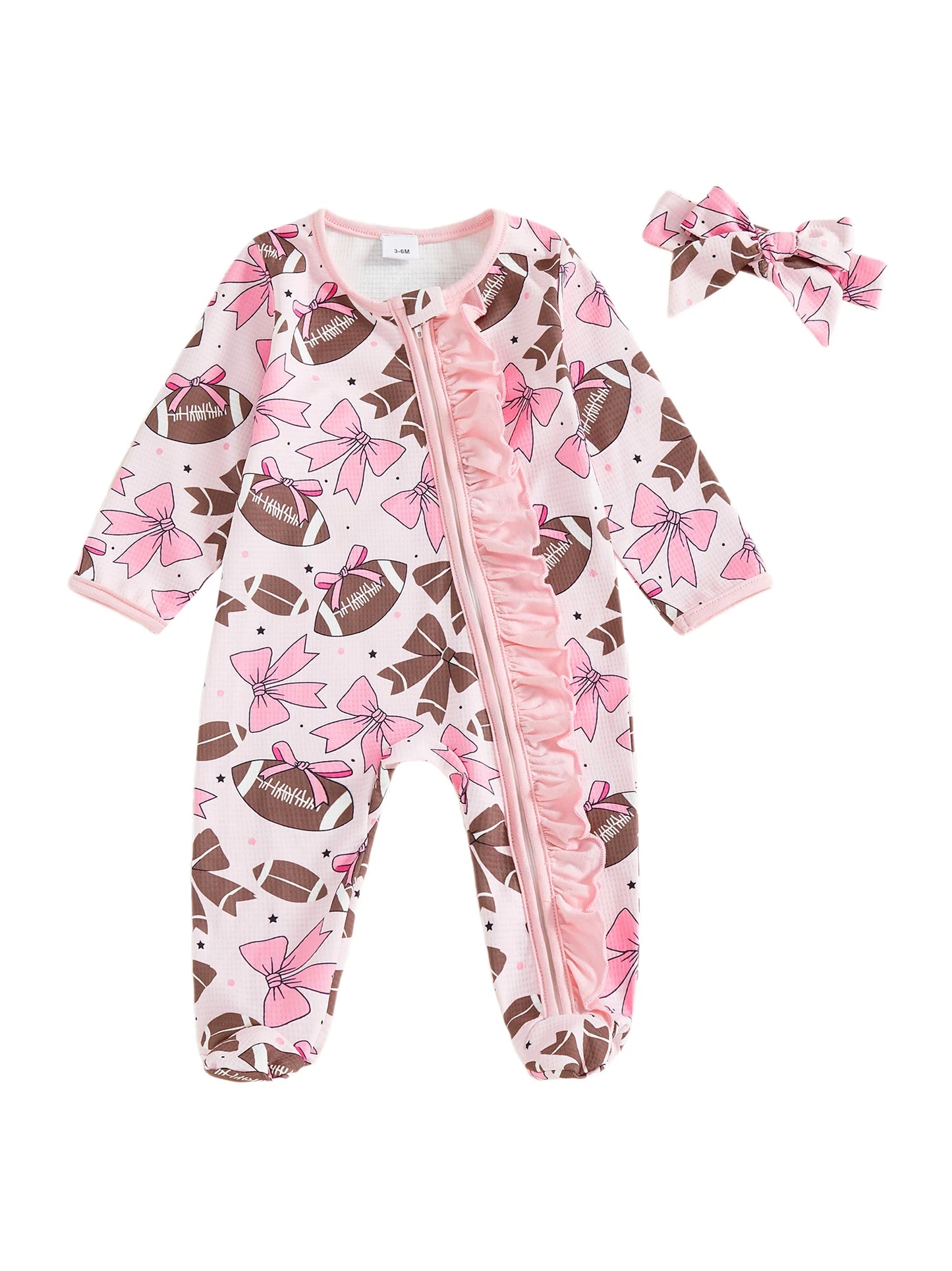 Baby Girl 2Pcs Footed Romper Fashionable Bow and Football Print Ruffled Long Sleeve Jumpsuit with Headband Set