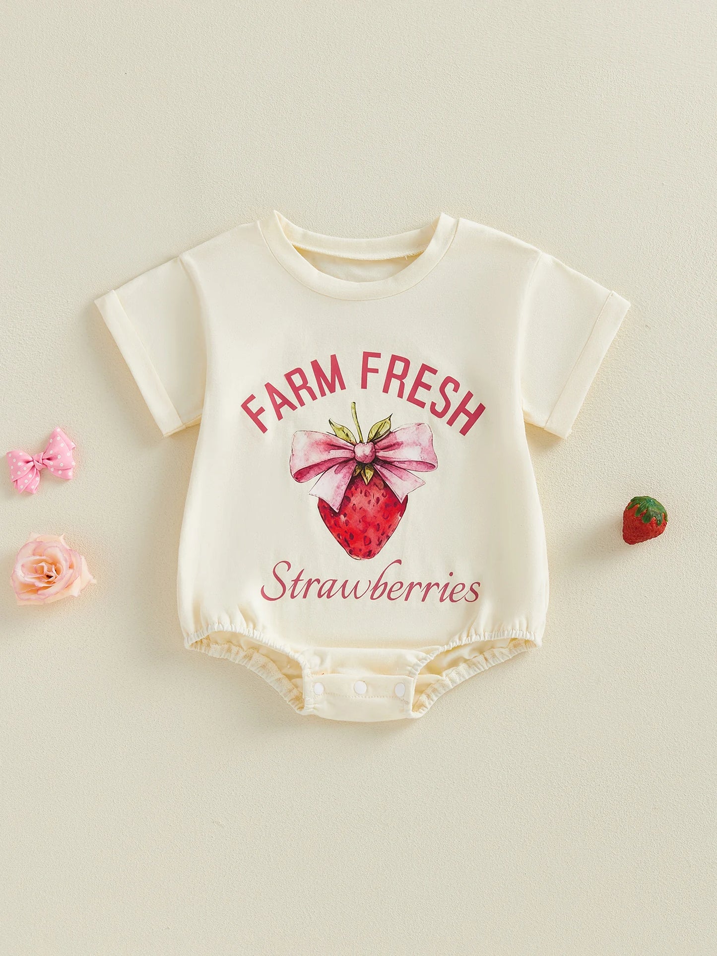 Baby Girls Farm Fresh Strawberries Summer Romper Fashionable Strawberry Letters Printed Short Sleeve Round Neck Jumpsuit
