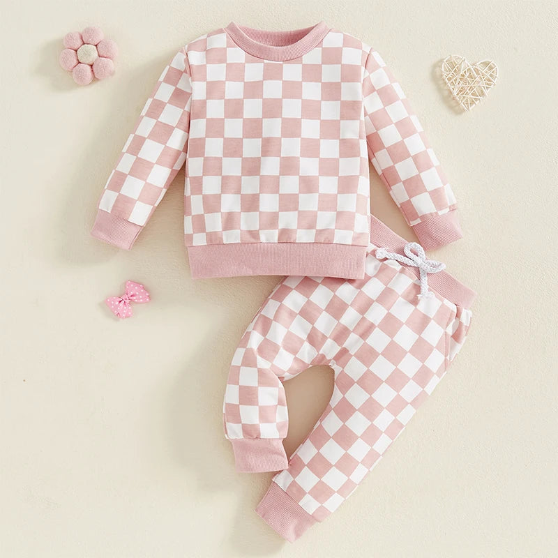 Baby Toddler Girls 2Pcs Fall Sets Long Sleeve O Neck Checkerboard Print Top Drawstring Pants Jogger Set