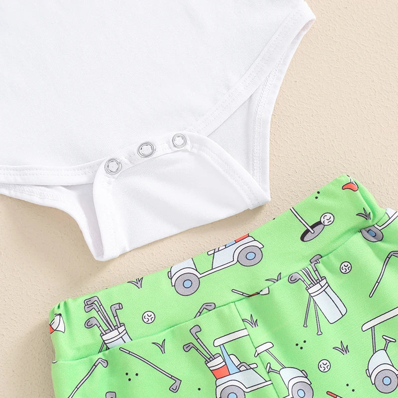 Baby Boys 3Pcs Outfit Daddy's Golf Buddy / It's In My DNA Letters Print Short Sleeve Romper Golf Cart Print Pants and Hat Infant Clothes Set