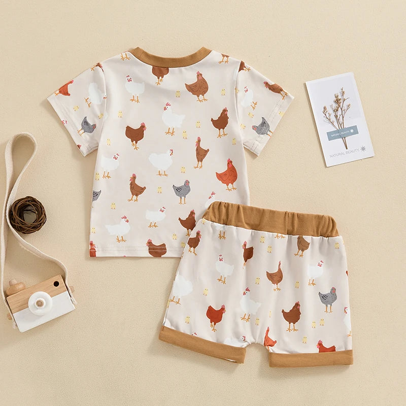 Baby Toddler Boy 2Pcs Farm Outfit Cartoon Animal Chicken Cow Print Short Sleeve Top with Elastic Waist Shorts Set