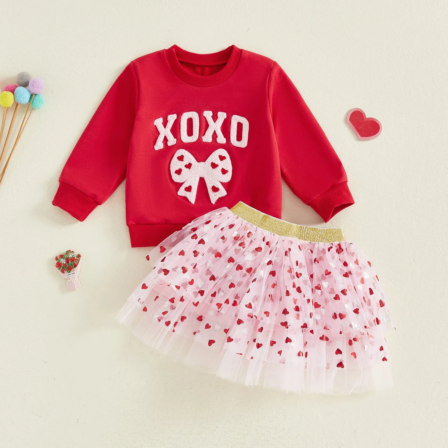 Baby Toddler Girls 2 Pcs XOXO Outfits Bow Letter Embroidery Long Sleeve Crew Neck Top and Heart Patterned Elastic Waist Tulle Tutu Skirt Set