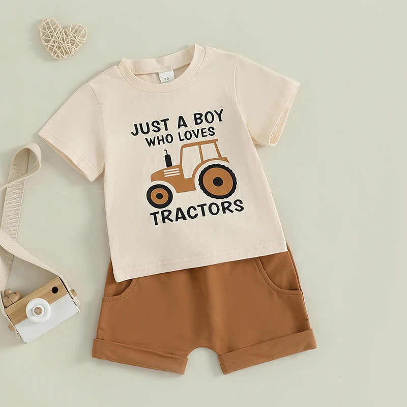 Baby Toddler Boys 2Pcs Summer Outfit Just A Boy Who Loves Tractors Letter Print Round Neck Short Sleeve Top with Solid Shorts Set