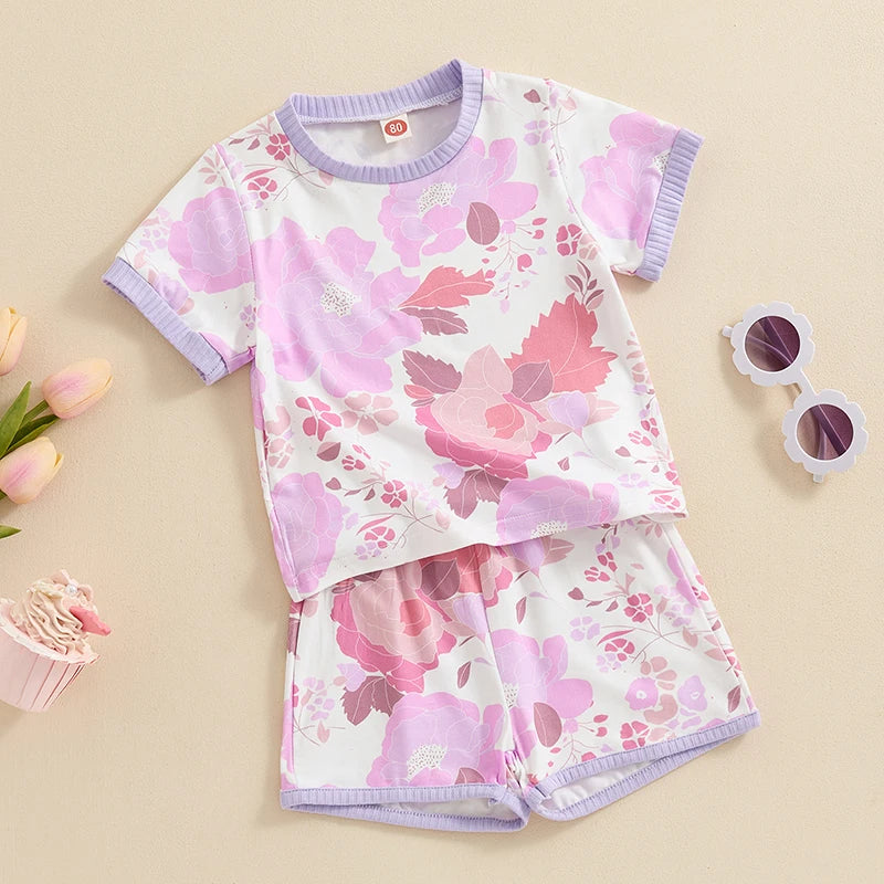 2024-04-02 Lioraitiin 6M-5Y Kid Baby Girls Summer Shorts Sets Short Sleeve Crewneck Floral Print Tops Shorts Sets