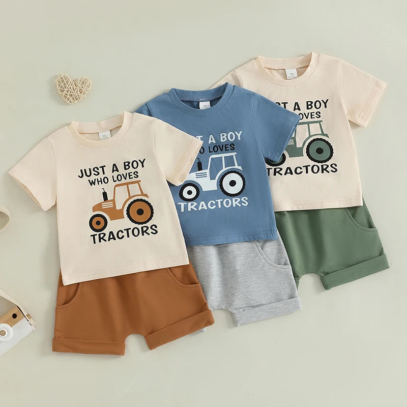 Baby Toddler Boys 2Pcs Summer Outfit Just A Boy Who Loves Tractors Letter Print Round Neck Short Sleeve Top with Solid Shorts Set