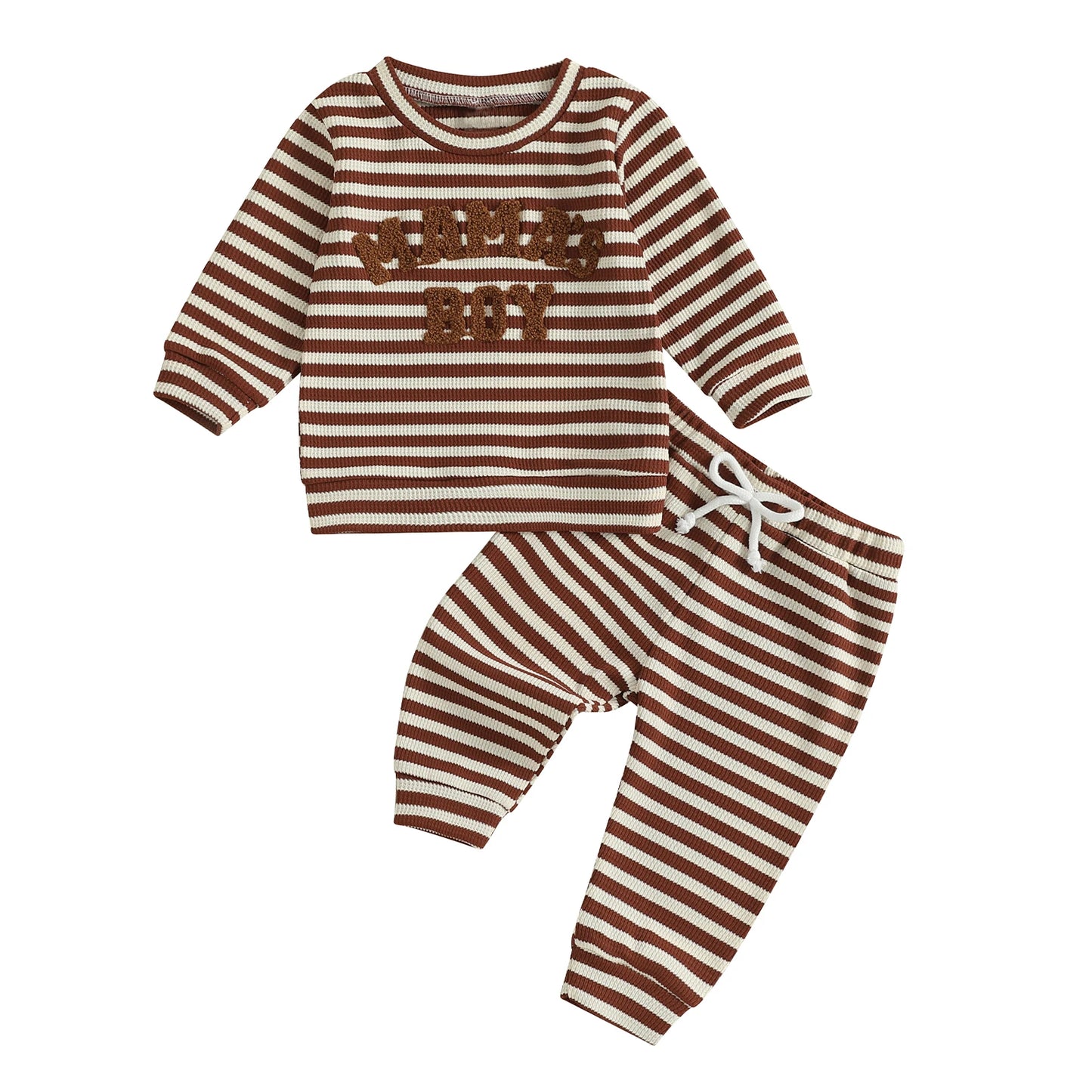 Baby Toddler Boys 2Pcs Mama's Boy / Little Dude Waffle Outfit Letter Embroidery Striped Long Sleeve Top and Elastic Pants Set