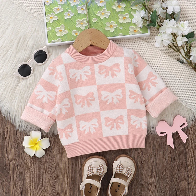 Baby Toddler Girls Sweater Bow Print Contrast Color Checkered Crew Neck Long Sleeve Baby Pullover Fall Top