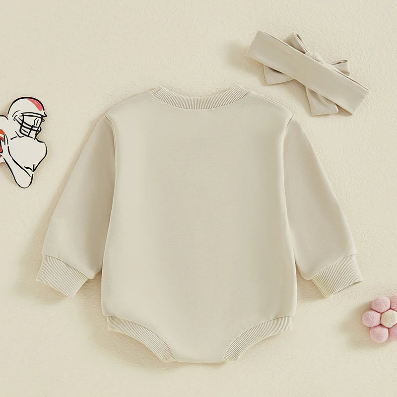 Baby Girls 2Pcs Gameday Football Letter Bow Print Long Sleeve Bubble Romper Headband Outfit Set